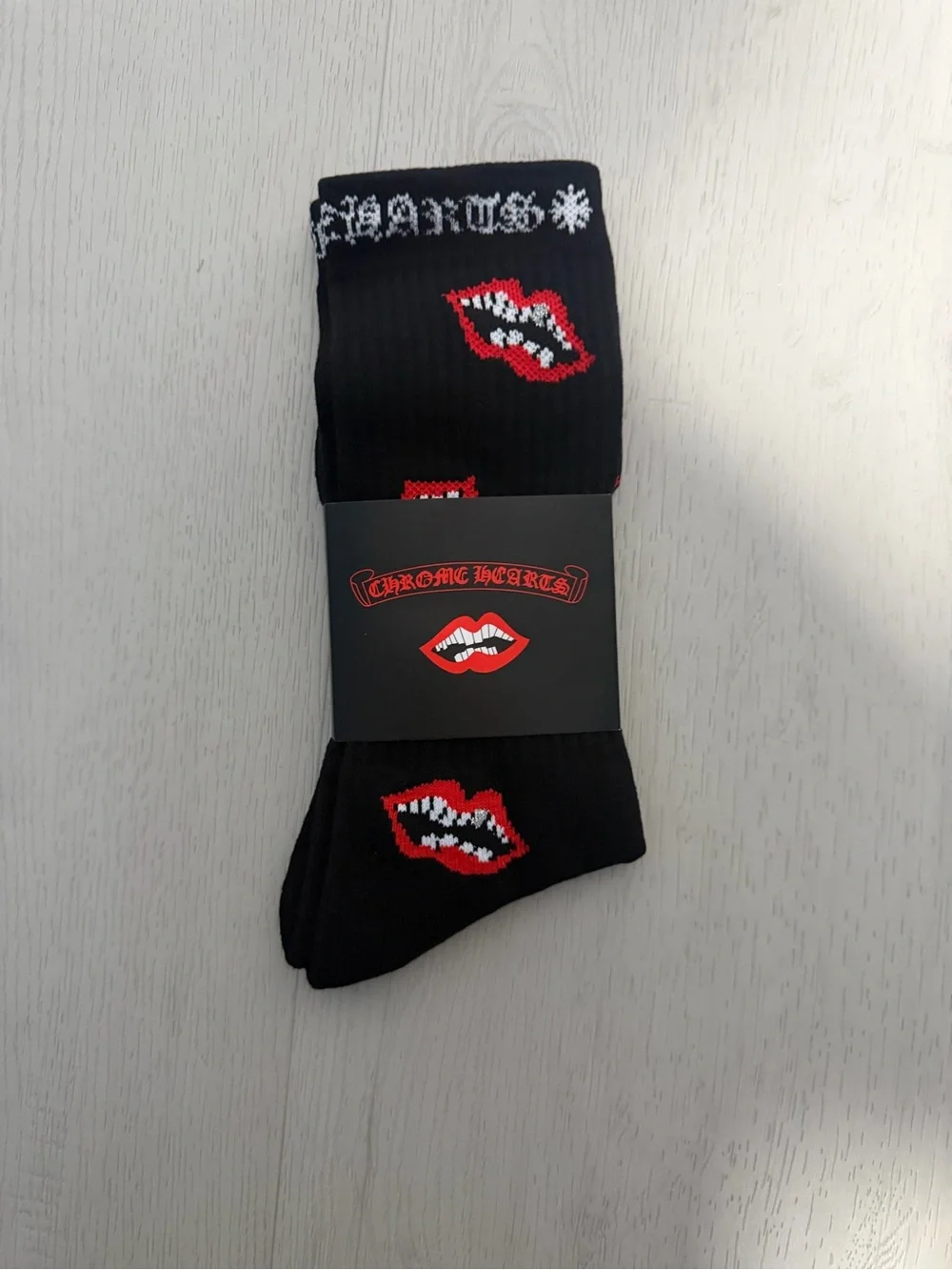 Chrome Hearts Black Crew Socks with Red Lip Motif